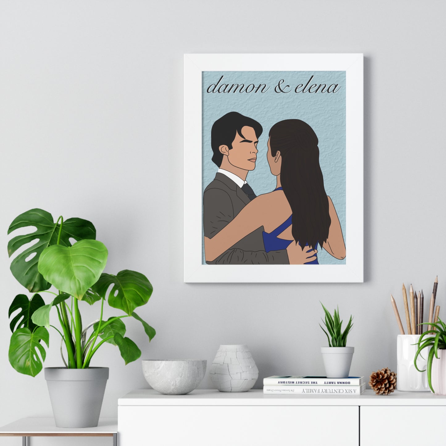 damon & elena black framed mural